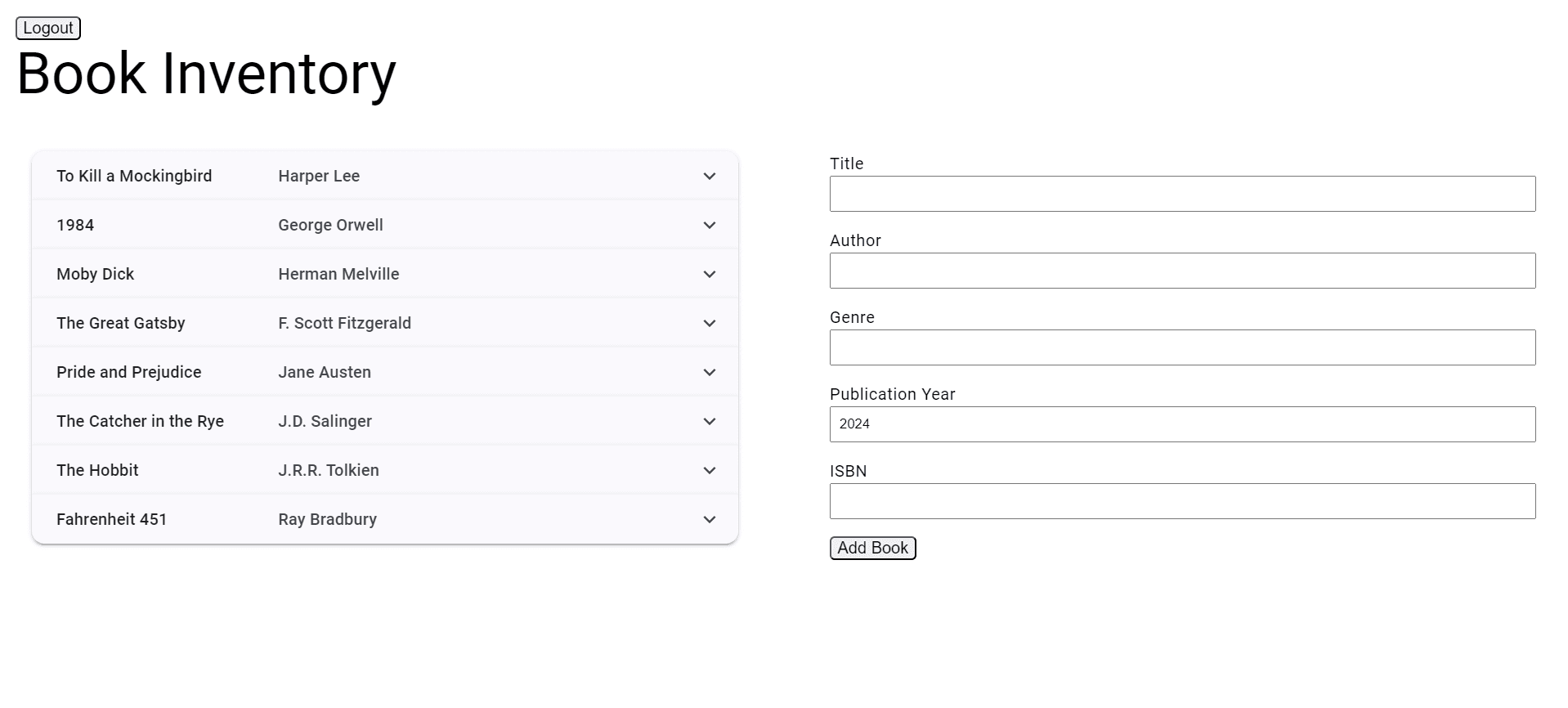 Book Inventory with auth and logout button