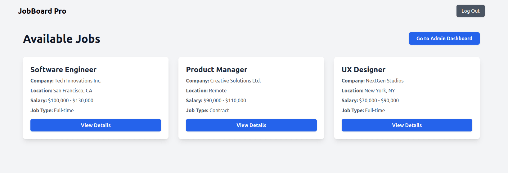 Available Jobs page as an admin