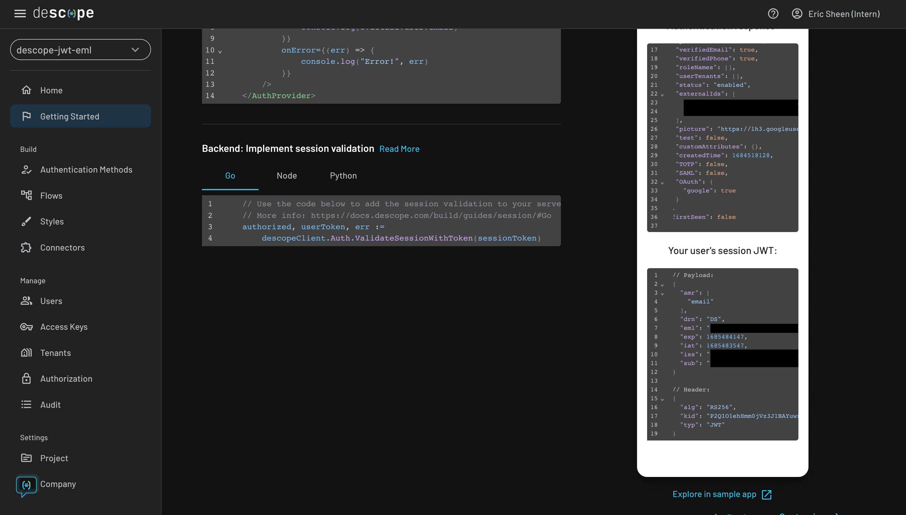 Descope Get Started JWT Response