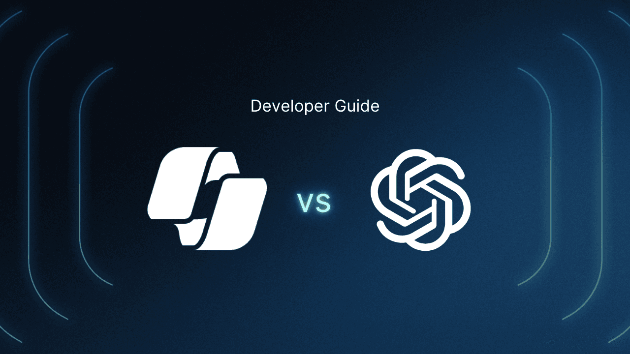 Developer guide thumbnail showing the Microsoft Copilot logo (two overlapping rounded shapes with a stylized lightning bolt) on the left versus the OpenAI logo (a white interlocking knot design) on the right, with "vs" between them, set against a dark blue background with subtle geometric corner accents.
