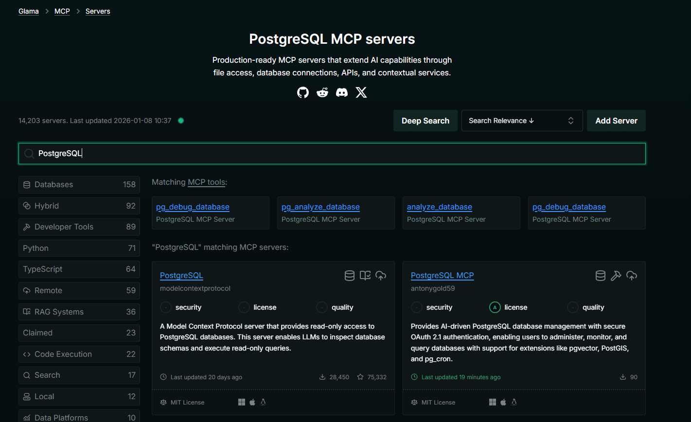 Fig: The Glama search page