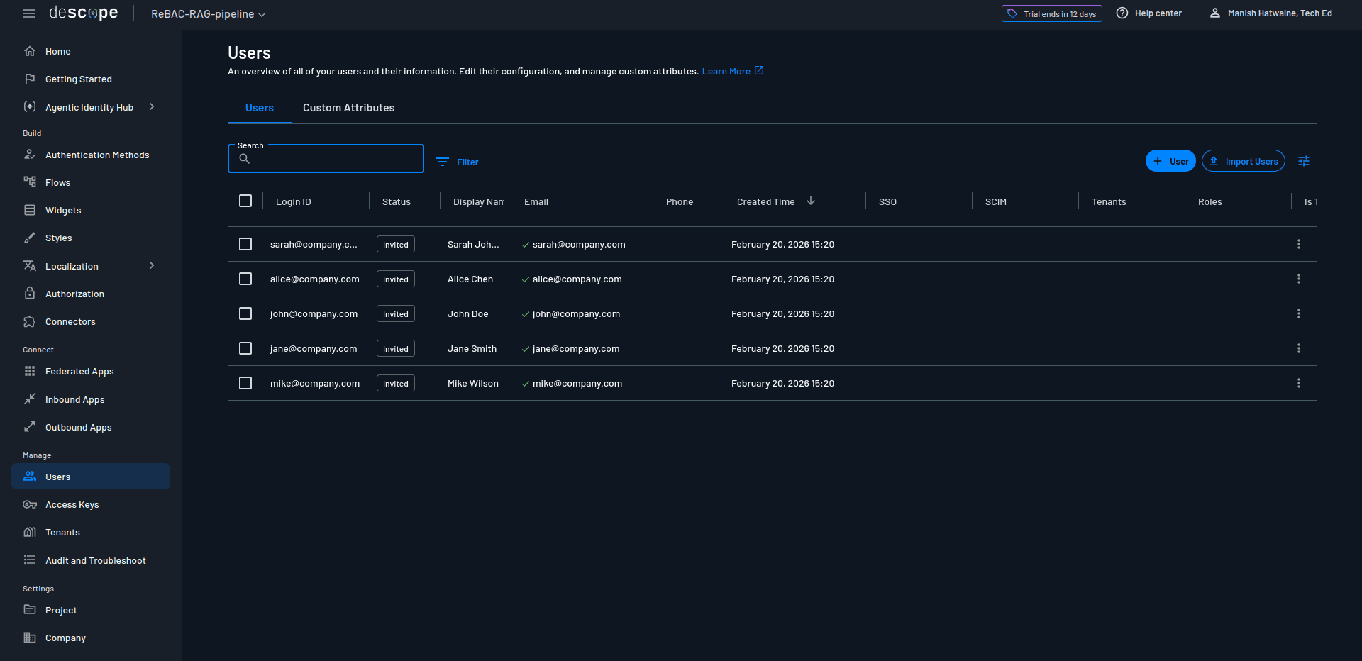 Fig: Descope's user management system
