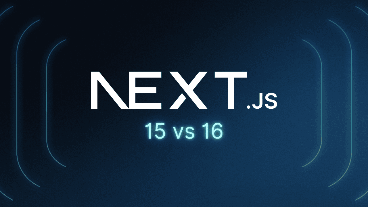 Blog thumbnail image featuring the Next.js logo text NEXT.JS in large white letters centered on a dark navy blue gradient background. Below the logo, the text 15 vs 16 appears in glowing teal/cyan coloring, indicating a comparison between Next.js versions 15 and 16. Subtle curved accent lines in teal and blue appear on both the left and right sides of the image, creating a sense of depth and framing the central text.