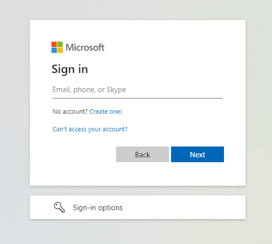 Screenshot of the Microsoft sign-in page showing a white modal dialog. The Microsoft logo with four colored squares (red, green, blue, yellow) appears at the top left with the word Microsoft next to it. The heading reads Sign in in bold black text. Below is an input field with placeholder text Email, phone, or Skype. Two help links appear below the field: No account? followed by a blue Create one! link, and Can't access your account? as a blue link. At the bottom of the main section are two buttons: a gray Back button and a blue Next button. A divider separates the bottom section which shows a key icon with Sign-in options as a link for alternative authentication methods.