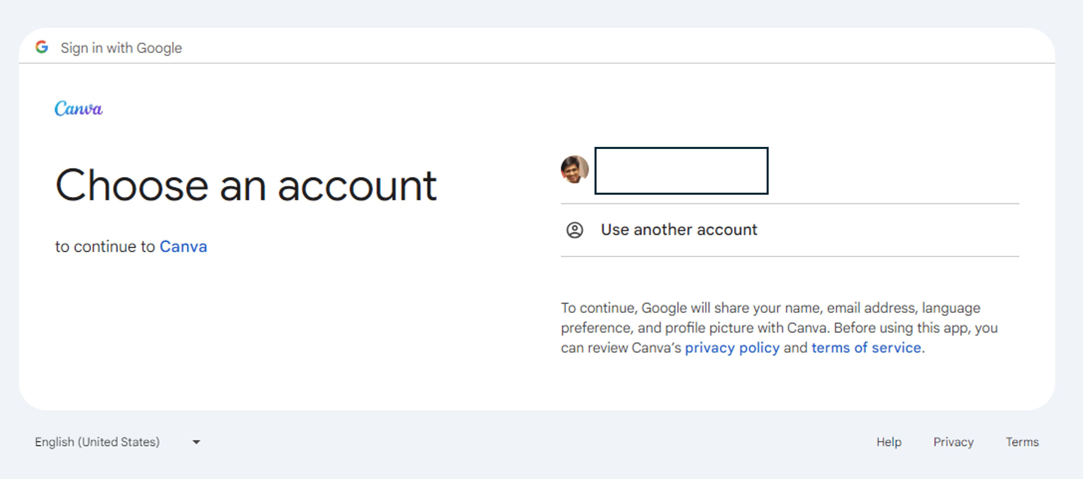 Screenshot of a second login screen for Canva using Google authentication