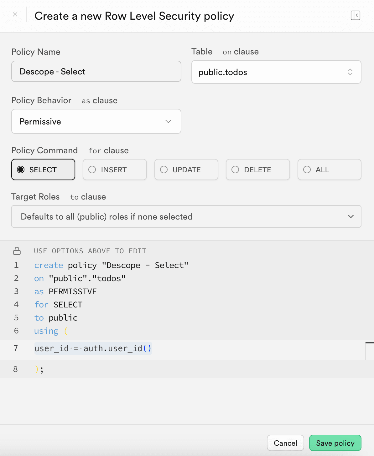 Fig: Creating a new RLS policy in Supabase