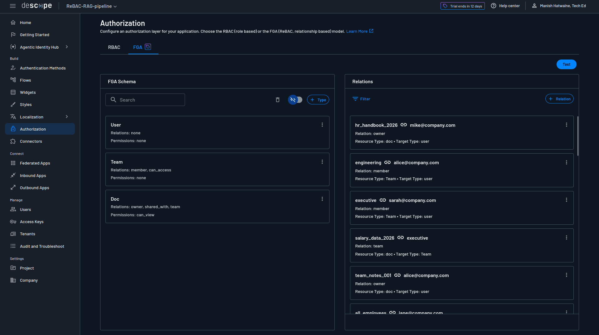 Fig: Descope's authorization page showing the FGA configuration