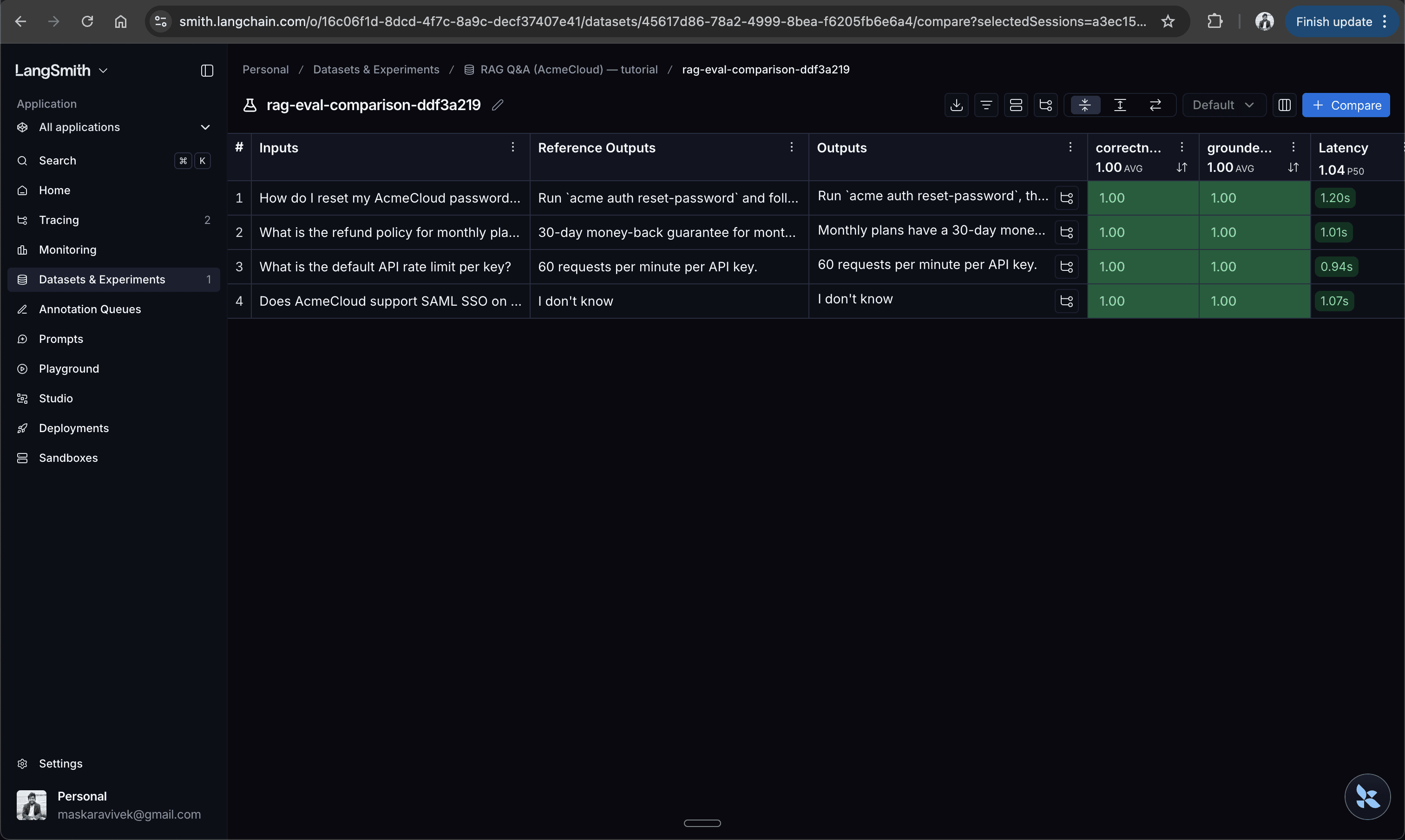 Fig: The LangSmith evaluation results page