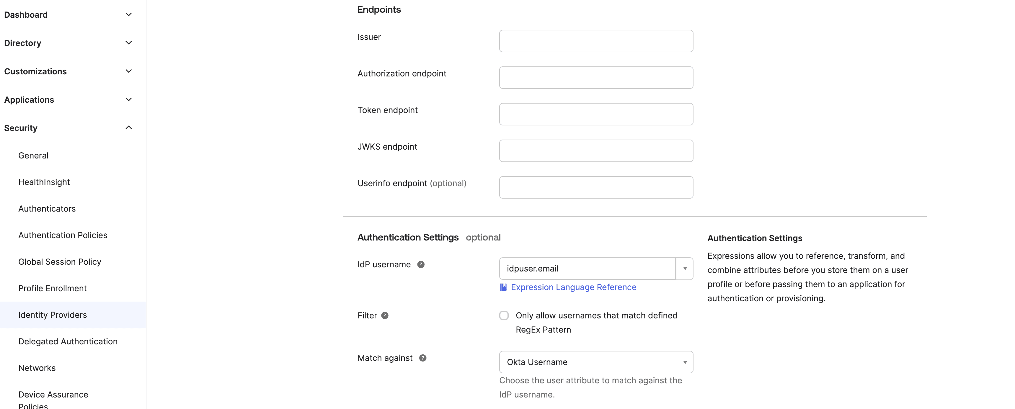 Fig: Endpoints section in Okta IdP configuration