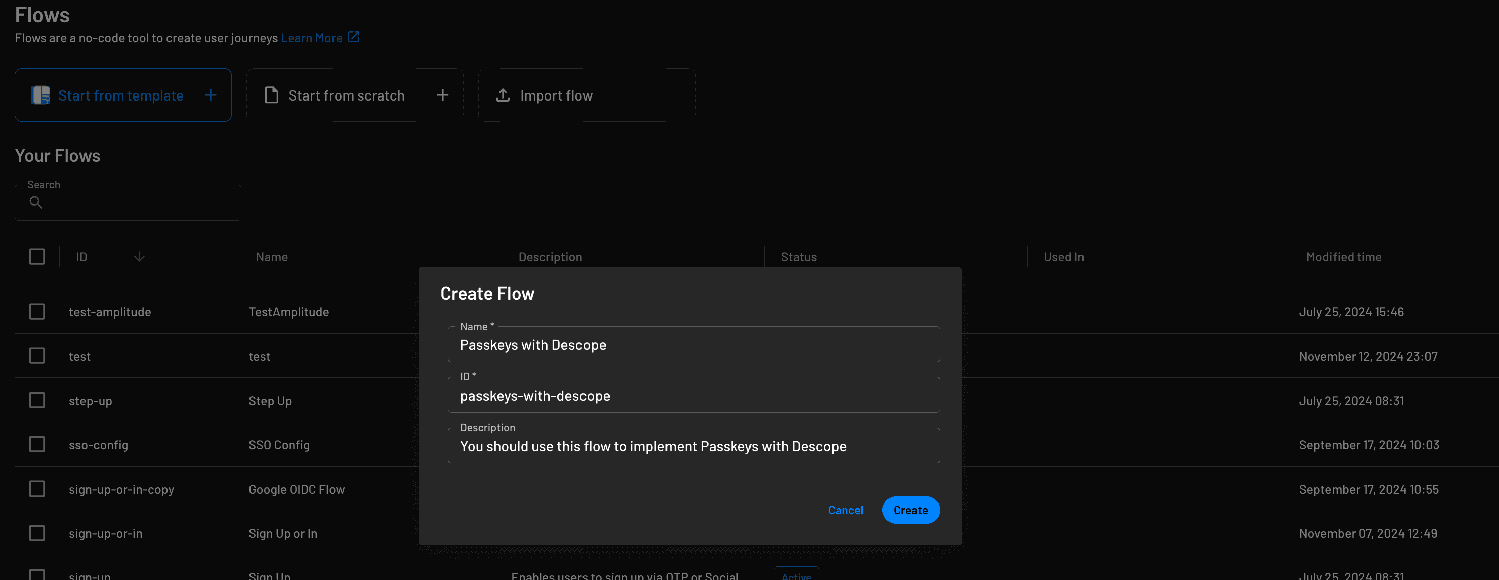 Fig; Descope Create Flow interface