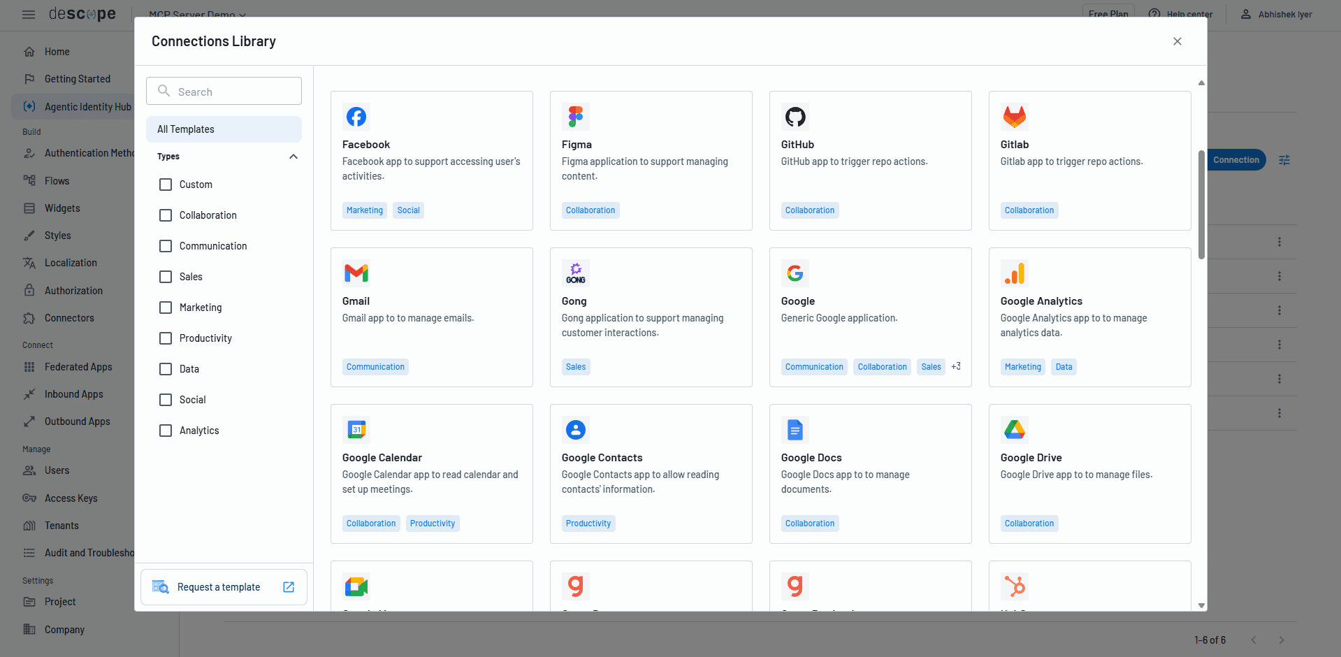 The Descope Agentic Identity Hub showing AI agent connection templates for credential management and storage.