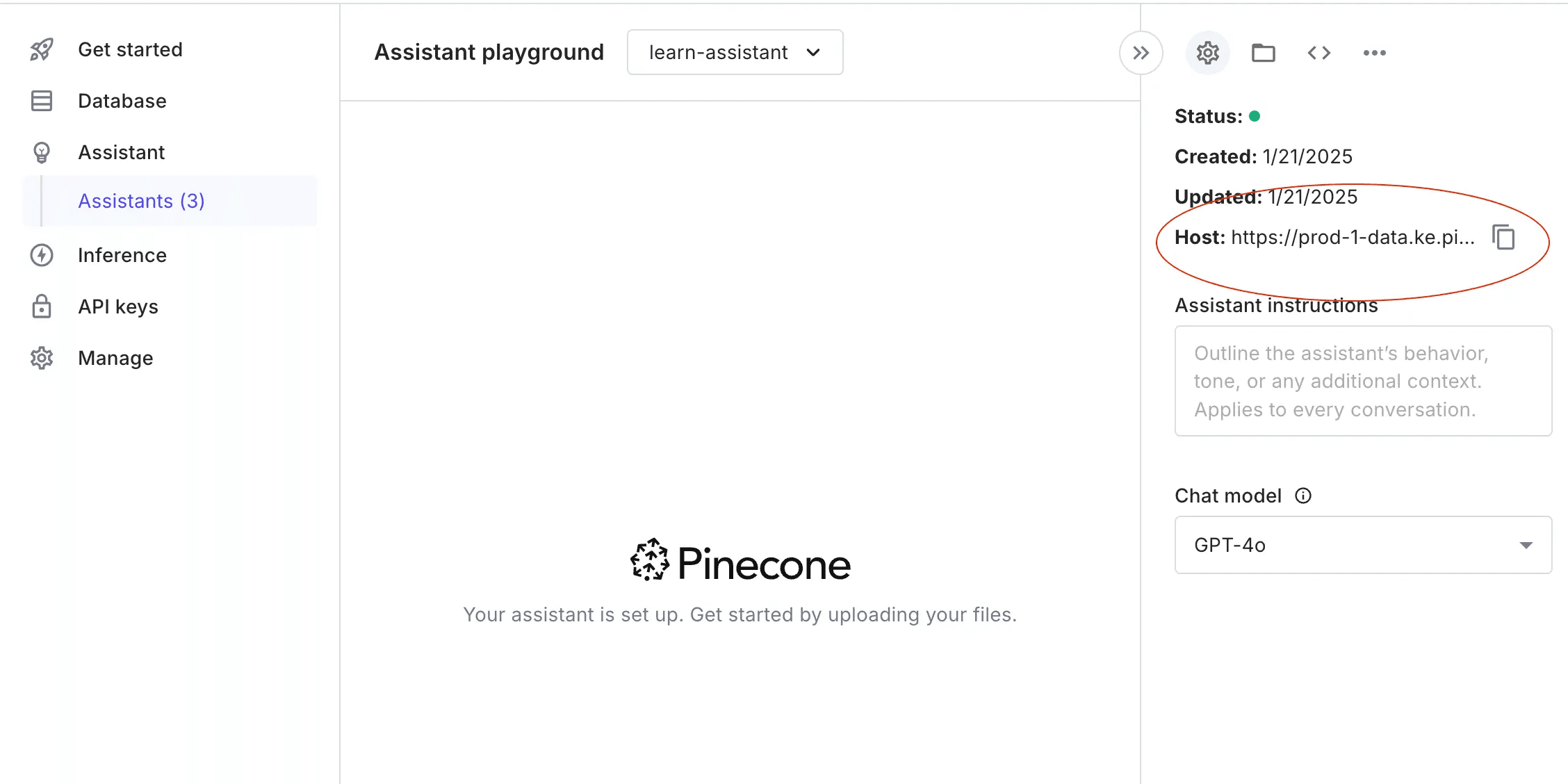 Fig: A screenshot showing the Pinecone Assistant Playground (Image credit: Pinecone)