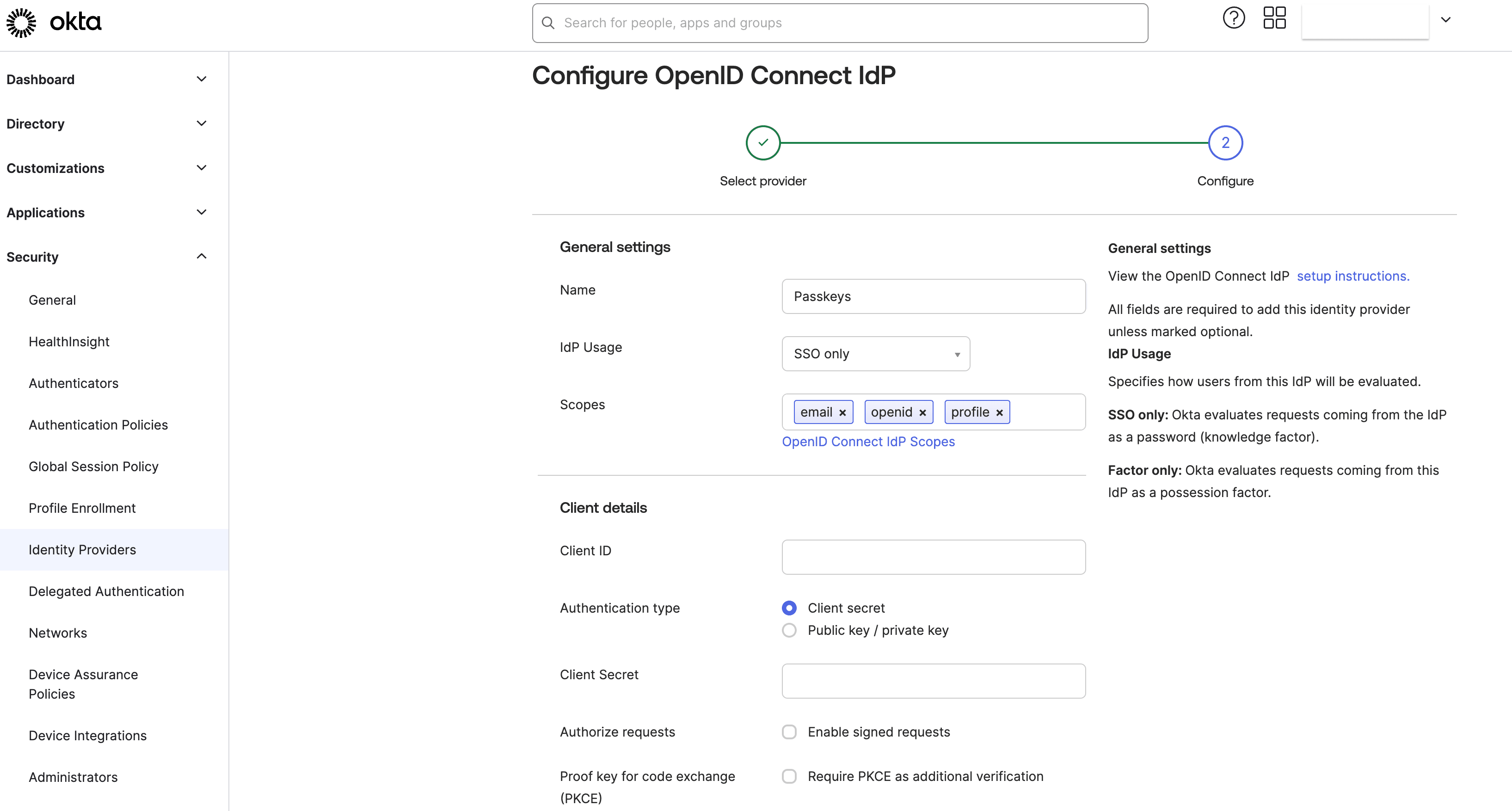 Fig: Configuring an OIDC IdP