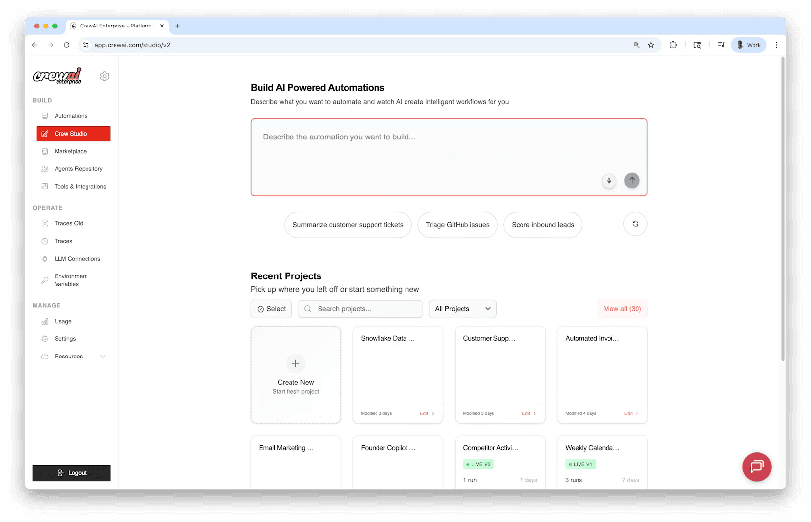 Fig: A screenshot of CrewAI's Studio workspace feature, which uses AI prompts to build crews of agents (Image credit: CrewAI)