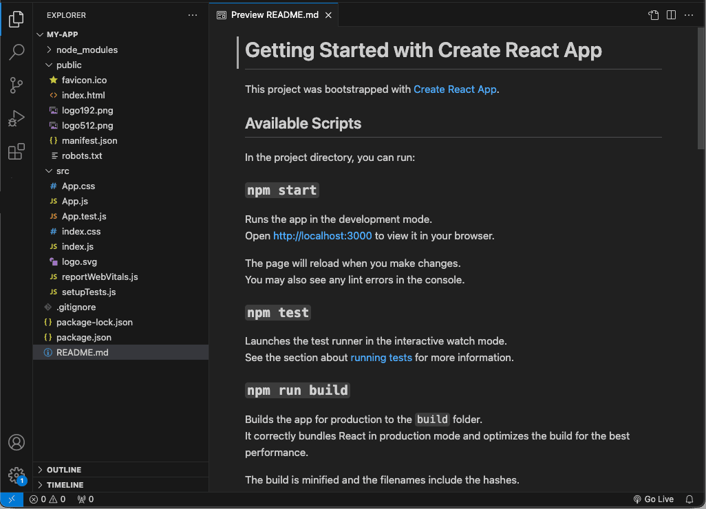 Fig: Screenshot of VS Code Markdown Preview showing the React README.md (Image credit: Microsoft)