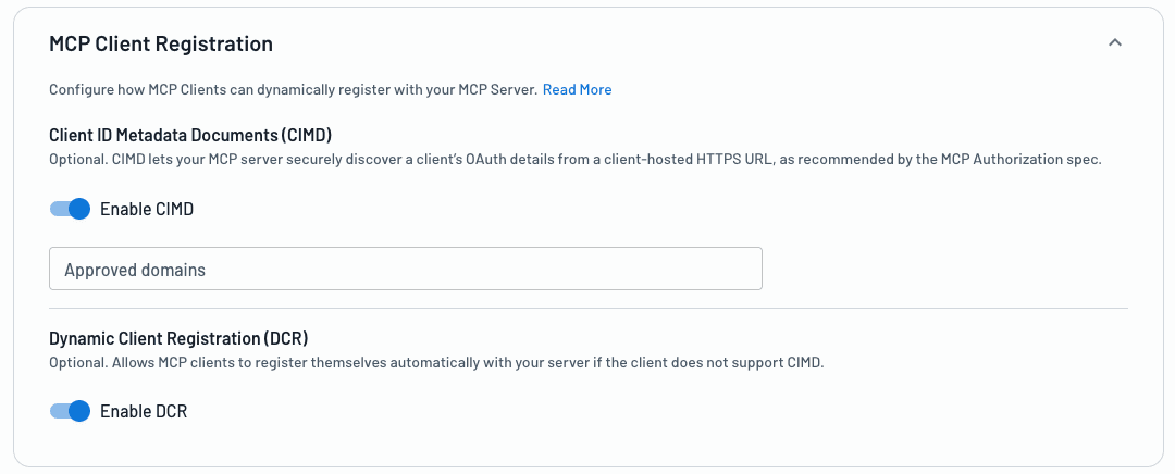 Screenshot of the Descope Agentic Identity Hub showing CIMD and DCR both enabled simultaneously for MCP client registration.