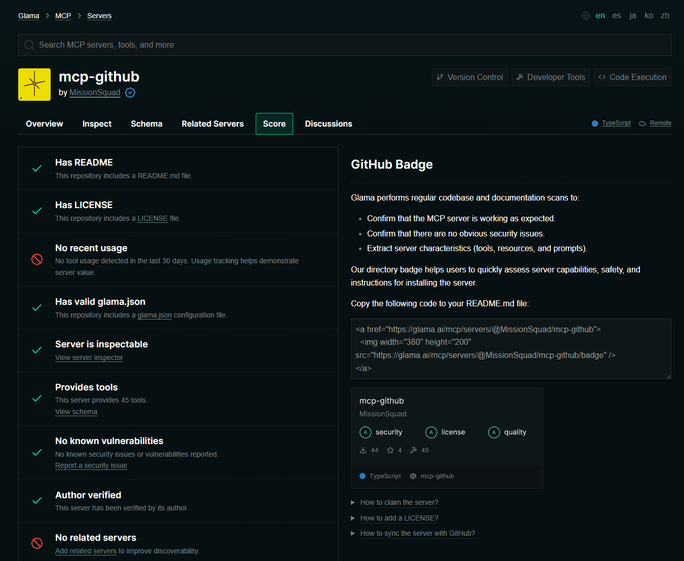 Fig: The result for searching "GitHub MCP Server" on Glama