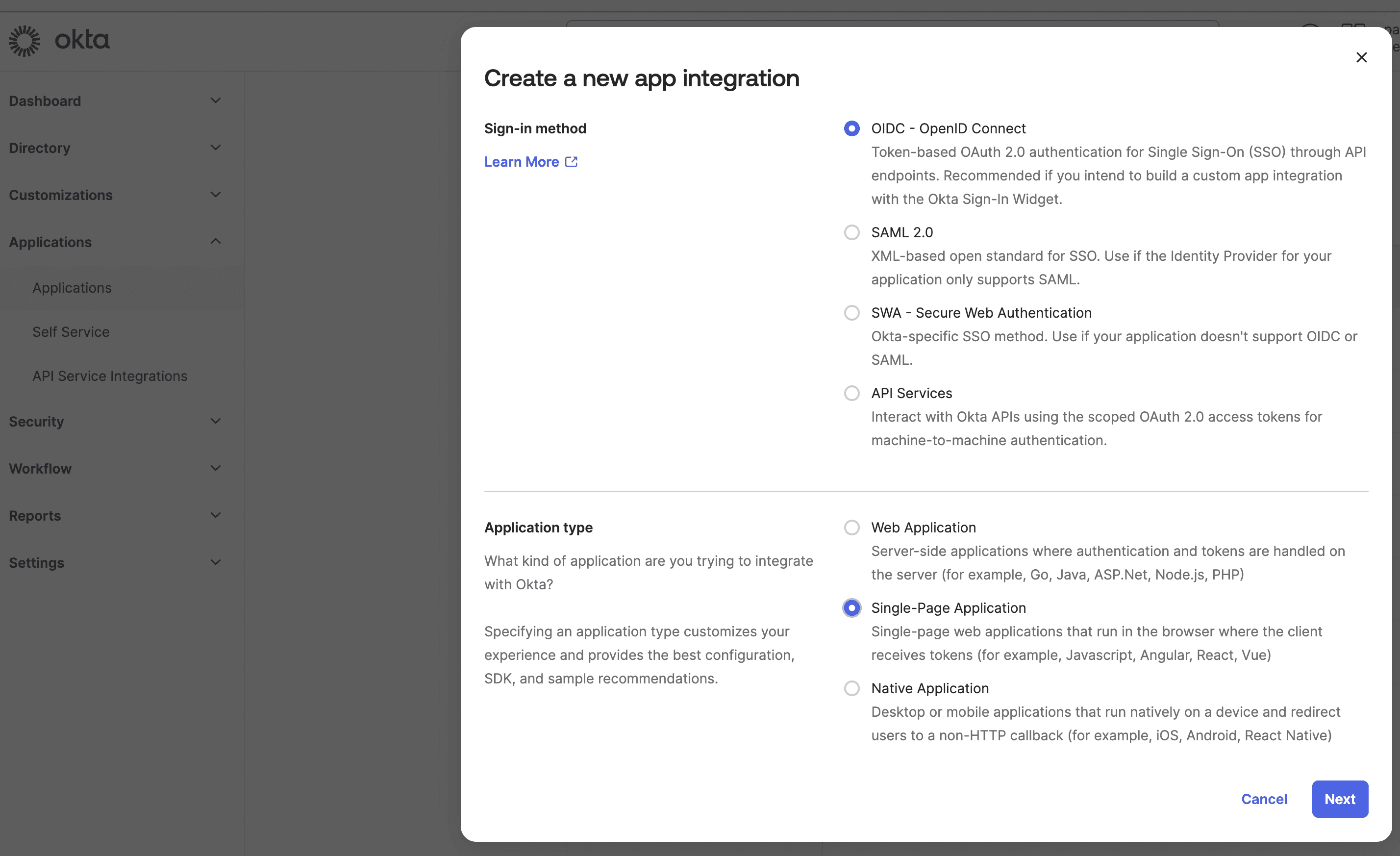 Fig: Creating a new app integration in Okta