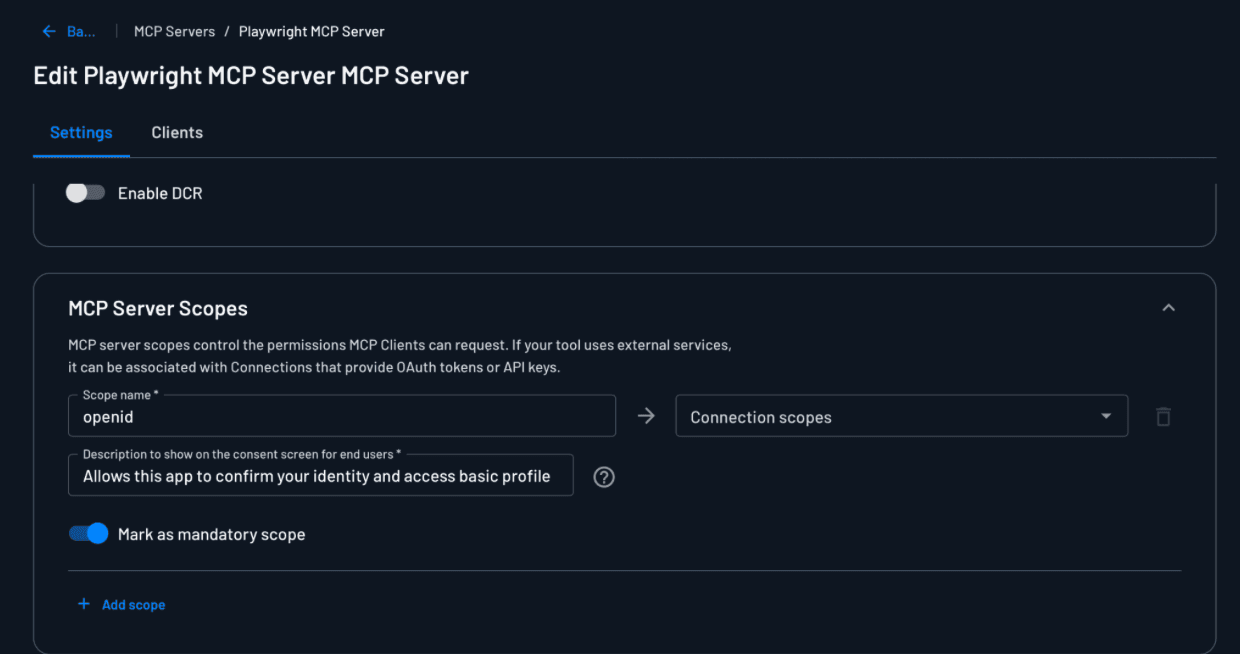 Fig: Adding the openid scope to the MCP Server
