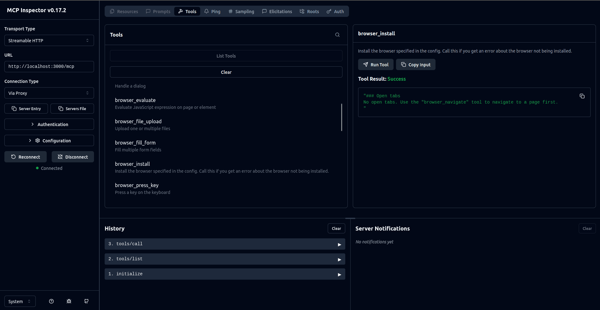 Fig: Invoking admin tool calls successfully