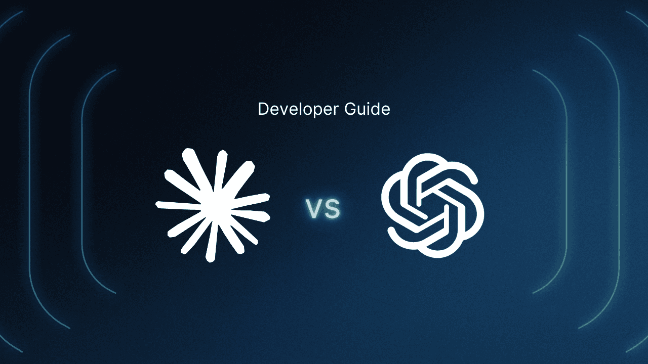 Developer guide thumbnail showing the Claude logo (a white starburst shape) on the left versus the OpenAI logo (a white interlocking knot design) on the right, with "vs" between them, set against a dark blue background with subtle geometric corner accents.